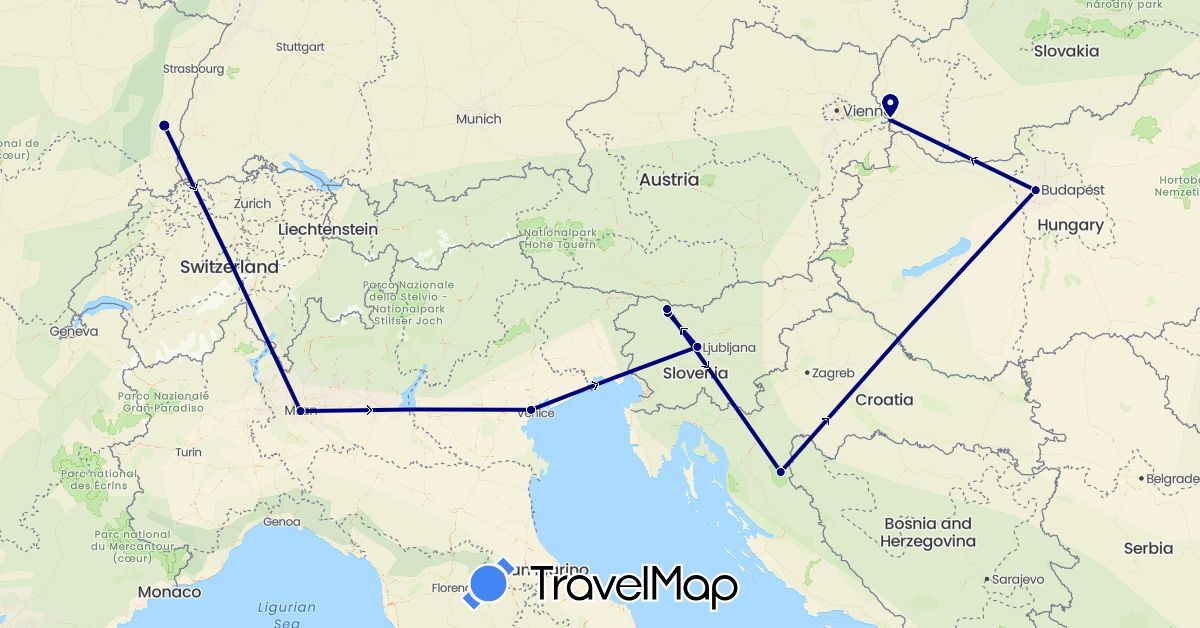 TravelMap itinerary: driving in France, Croatia, Hungary, Italy, Slovenia, Slovakia (Europe)